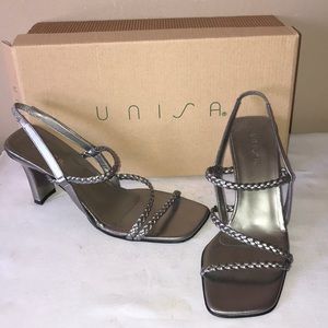 Unisa pewter strappy braided sandals/heels size 6